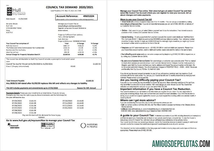 para download Modelo de conta de serviços públicos da Câmara Municipal de Hull do Reino Unido em formato Word e PDF, 2 páginas